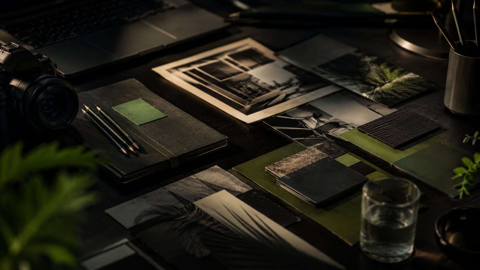 Creative desk with brand system studies and visual references