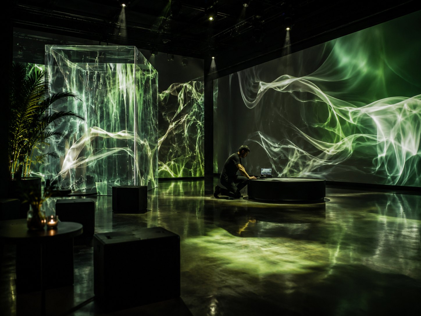 Immersive green projection installation in a gallery space